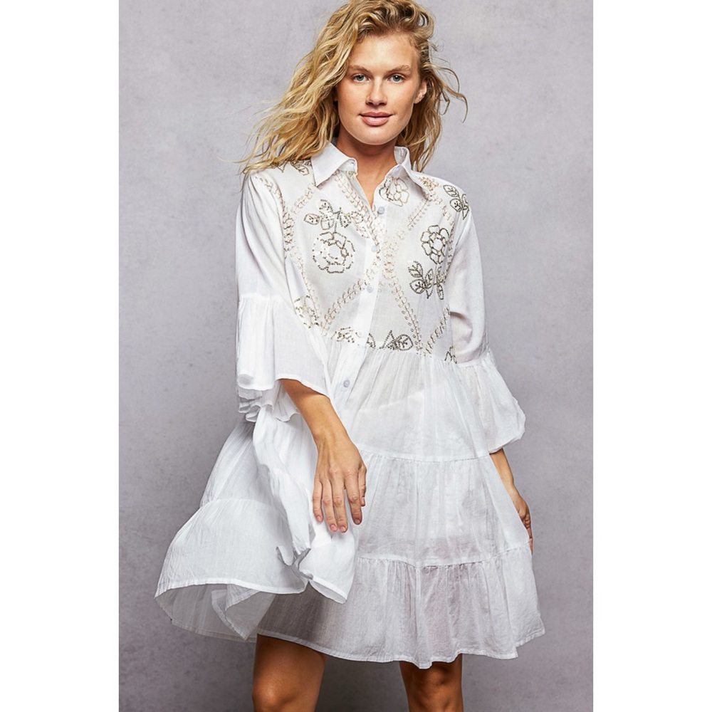 POL White Embroidered Tiered Mini Dress | Ruffle Sleeve Button Front Collared - Picture 9 of 12